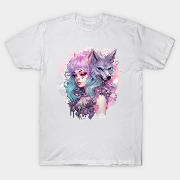 Pastel Goth wolf woman T-Shirt by Scrapitsideways